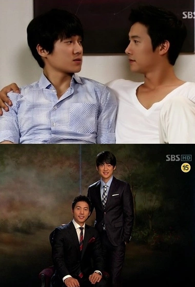 Ảnh trên: Tae Sub và Kyung Soo trong phim. Ảnh dưới: hai diễn viên Lee Sang Woo và Song Chang Ui. Ảnh: hancinema.