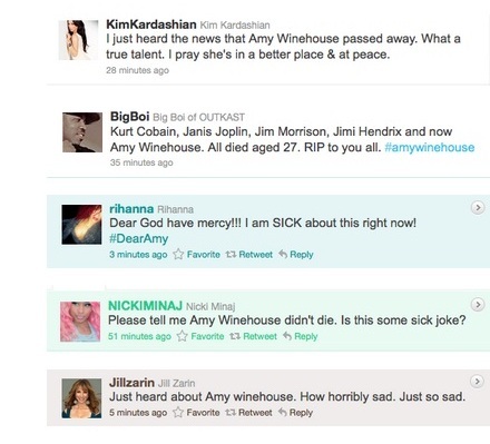 Các ngôi sao chia sẻ cảm xúc sau cái chết của Amy trên Twitter.