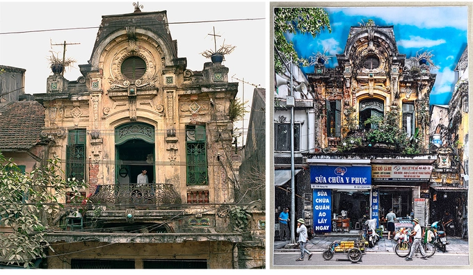 57 Hàng Bồ năm 1991 và bây giờ. Kiến trúc tầng hai ngôi nhà gần như không thay đổi theo thời gian, trong khi đó tầng một đậm chất thời đại với các cửa hàng sửa chữa quần áo, giặt là và đại lý vé số. Các tác phẩm được Crawford in từ Mỹ gửi sang, theo đúng tiêu chuẩn nghệ thuật quốc tế.