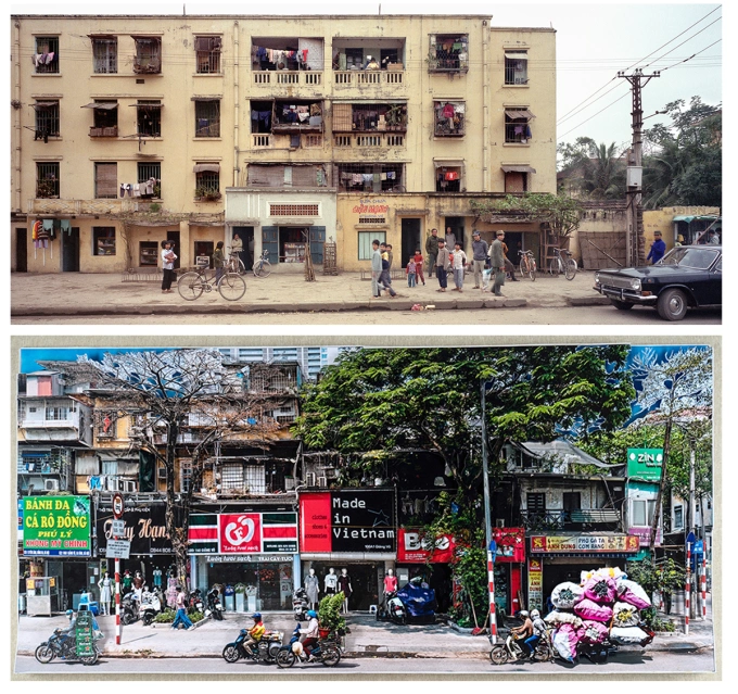 A1 Giảng Võ năm 1988 và 2023. Sau 35 năm, khu tập thể khác biệt với các cửa hàng thời trang, ăn uống với biển hiệu đầy màu sắc. Nguyễn Thế Sơn cho biết triển lãm là cuộc đối thoại của thời gian, của hai tác giả ở hai đất nước khác nhau nhưng cùng chung tình yêu với Hà Nội. Anh từng có dịp gặp ông Crawford vào năm 2018, trong một sự kiện tại Mỹ. Khi đó, tôi đã nảy ra ý định làm một triển lãm chung dựa trên chính tác phẩm của ông nhưng đến nay mới có dịp, anh nói.