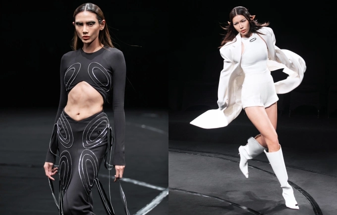 Siêu mẫu Võ Hoàng Yến (trái) và Minh Tú catwalk với đầm cut-out, bodysuit và áo khoác độn vai. Ảnh: Kiếng Cận Team