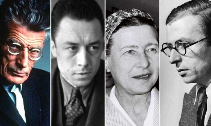 Những nhà văn nổi tiếng của chủ nghĩa hiện sinh. Từ trái qua: Samuel Beckett, Alber Camus, Simone de Beauvoir và Jean-Paul Sartre. Ảnh: The Collector