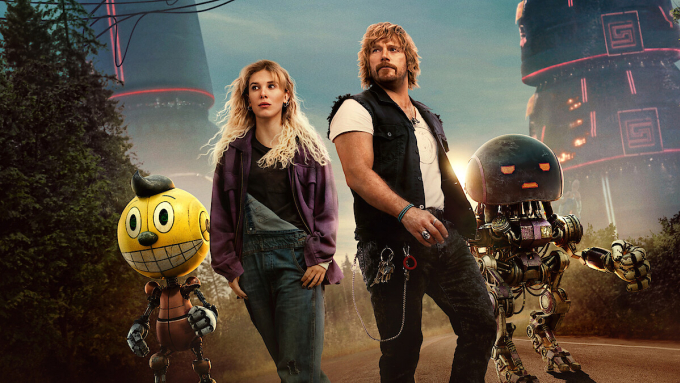 Tạo hình của Millie Bobby Brown (trái) và Chris Pratt trong phim The Electric State. Ảnh: Netflix