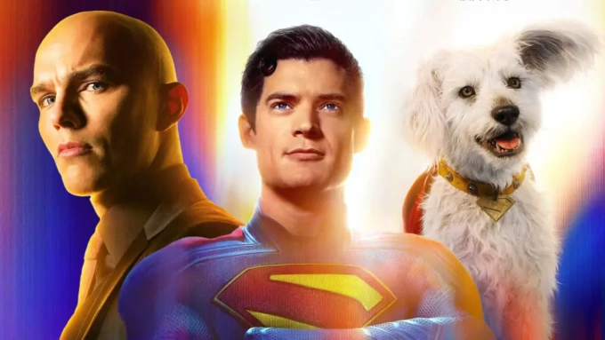 Các nhân vật trong Superman, từ trái qua: phản diện Lex Luthor (Nicholas Hoult đóng), Superman (David Corenswet) và chú chó Krypto. Ảnh: DC Studios