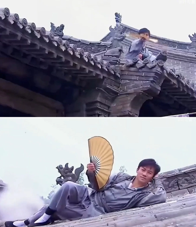 Phim Kháng Nhật kỳ hiệp có cảnh nam chính ngồi trên nóc nhà, giơ quạt, hàng chục đối thủ ngã lăn, sau đó nam chính nằm lên mái nhà phẩy quạt. Ảnh: Bilibili