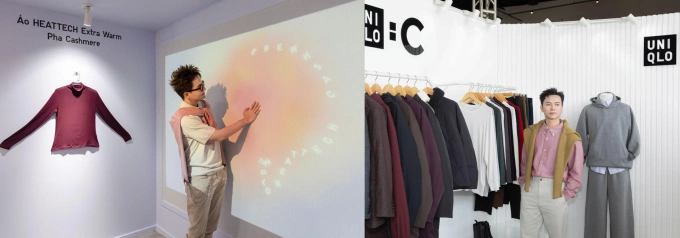 Duy Khánh (trái), Bùi Công Nam tham quan từng khu trưng bày sản phẩm. Ảnh: Uniqlo