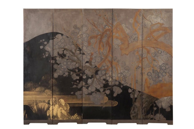Tác phẩm Phong cảnh Bắc Kỳ, Hà Nội ra đời khoảng năm 1930-1935, chất liệu sơn mài vàng và bạc. Ảnh: Aguttes