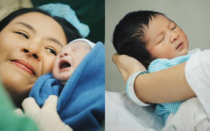 Ngọc Hân bên bé Pi mới chào đời. Ảnh: Nhân vật cung cấp