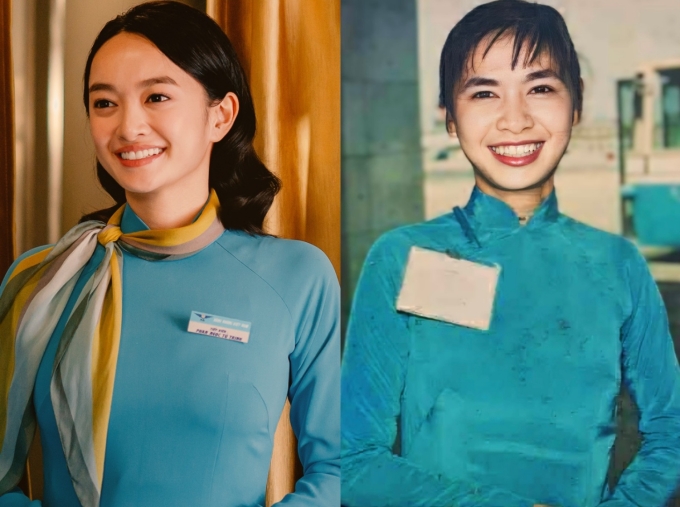 Tạo hình Kaity Nguyễn (trái) và mẹ của diễn viên khi làm tiếp viên hàng không. Ảnh: Nhân vật cung cấp