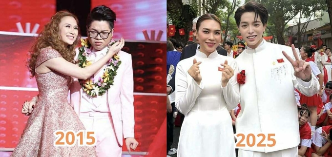 Đức Phúc hội ngộ Mỹ Tâm tại sự kiện tổng duyệt chào mừng Quốc khánh 2/9 ở Hà Nội. Anh sau đó chia sẻ lại khoảnh khắc ngày ấy - bây giờ bên cô giáo với nội dung: 10 năm trôi qua và sự biết ơn, tự hào khi con Đức Phúc được làm học trò của cô Tâm. Ảnh: Nhân vật cung cấp