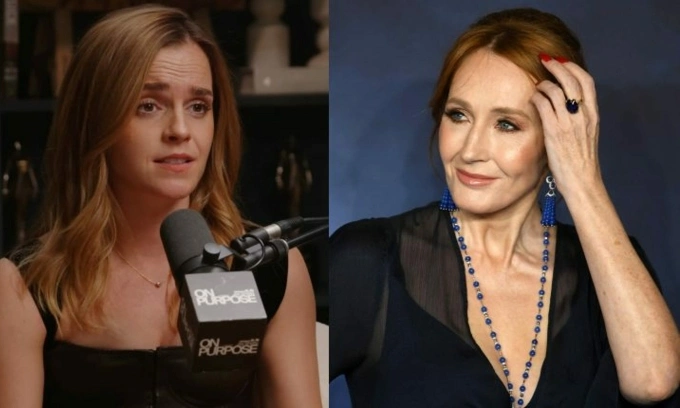 Diễn viên Emma Watson (trái) và nhà văn J. K. Rowling. Ảnh: Jay Shetty Podcast/Warner Bros.