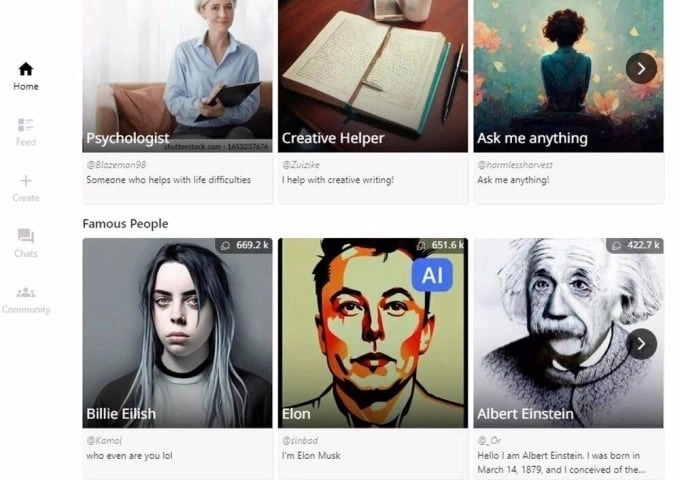 Một số chatbot do người dùng tạo ra trên Character.AI. Ảnh:Vivevirtual