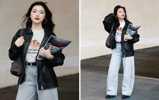 Những ngày cuối tuần, nàng công sở có thể làm mới bản thân với quần jeans baggy ống cong, áo phông họa tiết bánh croissant, khoác da và boots. Ảnh: Uniqlo