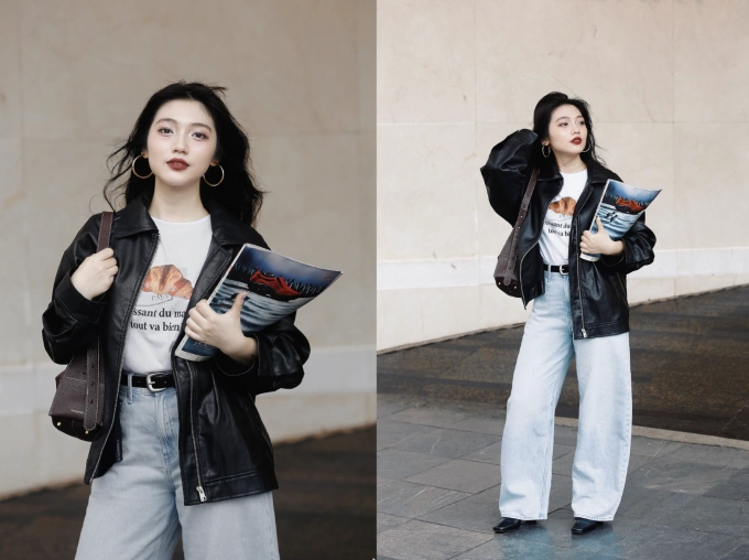 Những ngày cuối tuần, nàng công sở có thể làm mới bản thân với quần jeans baggy ống cong, áo phông họa tiết bánh croissant, khoác da và boots. Ảnh: Uniqlo