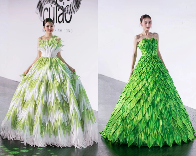 Hoa hậu Kiều Duy catwalk với trang phục Bánh lọt, nổi bật với hai tông màu trắng và xanh nhạt. Các chi tiết đính lên váy gợi nhớ từng sợi bánh trong món ăn quen thuộc của nhiều người. Trang phục Bánh đúc gân do Á hậu Lê Nguyễn Ngọc Hằng trình diễn. Nhà mốt sử dụng kỹ thuật xếp ly và phối màu đa dạng, tạo hiệu ứng tầng lớp bắt mắt.