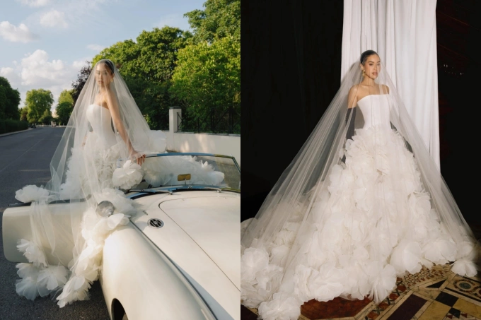 Tiên Nguyễn tạo dáng với đầm cưới đính hoa kết hợp khăn voan.