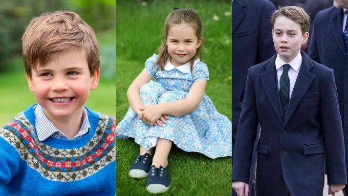 Hoàng tử Louis, Công chúa Charlotte và Hoàng tử George (từ trái qua phải) mặc màu truyền thống của hoàng gia Anh. Ảnh: Royal Family