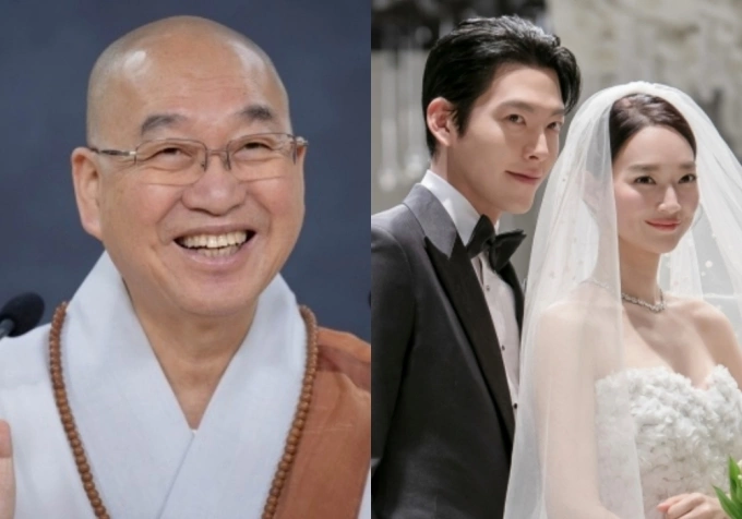 Thiền sư Beopryun và diễn viên Shin Min Ah, Kim Woo Bin. Ảnh: MK