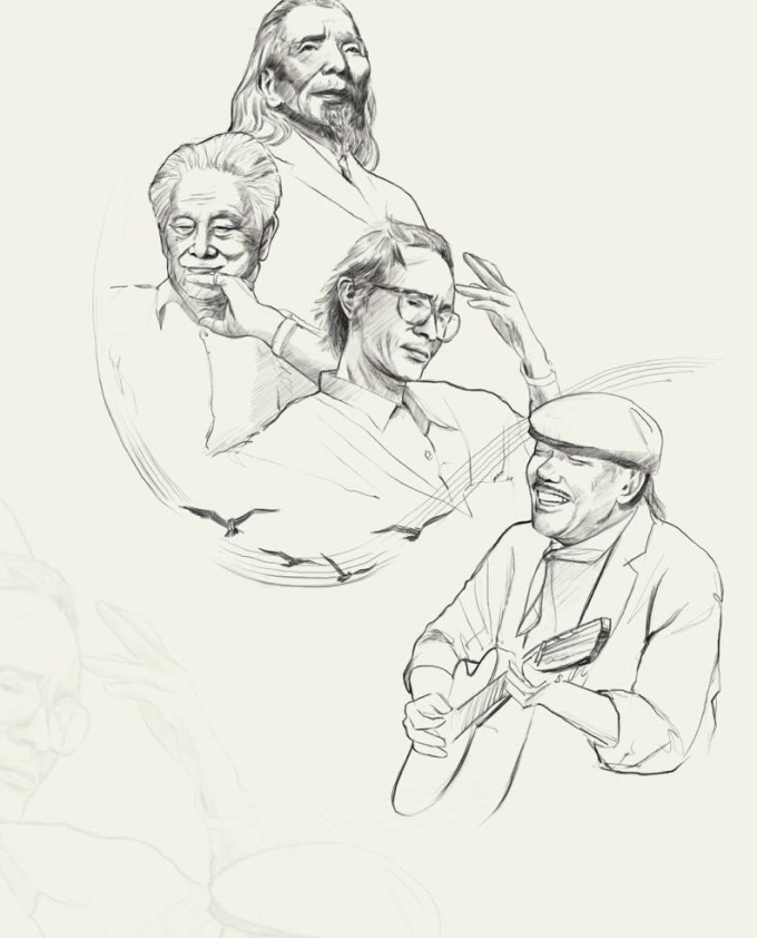 Poster chương trình Về đây bốn cánh chim trời, vinh danh các nhạc sĩ Văn Cao, Phạm Duy, Trịnh Công Sơn, Trần Tiến. Ảnh: Ngọc Việt