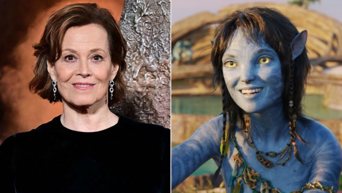 Sigourney Weaver (trái) và tạo hình của bà trong phim Avatar 3. Ảnh: Disney