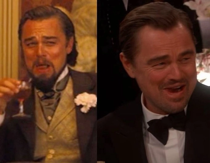 Nụ cười của Leonardo DiCaprio trong lễ trao giải (phải) khiến fan nhớ tới một phân cảnh của anh trong Django Unchained. Ảnh: X/@@obj0x0
