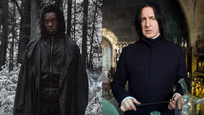 Tạo hình diễn viên Paapa Essiedu trong vai giáo sư Snape phim Harry Potter (trái) và Alan Rickman ở bản điện ảnh. Ảnh: HBO/Warner Bros.
