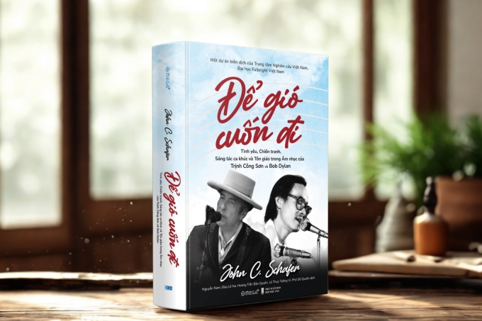 Bìa sách Để gió cuốn đi - Tình yêu, chiến tranh, sáng tác ca khúc và tôn giáo trong âm nhạc của Trịnh Công Sơn và Dylan. Ảnh: Omega+