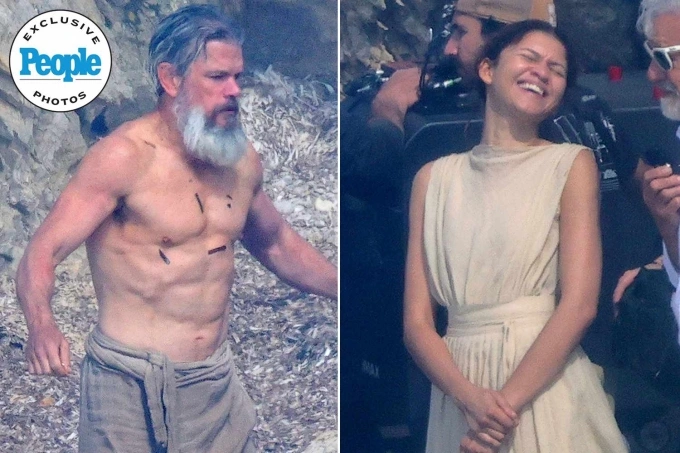 Diễn viên Matt Damon (trái) và Zendaya trên phim trường The Odyssey. Ảnh: People