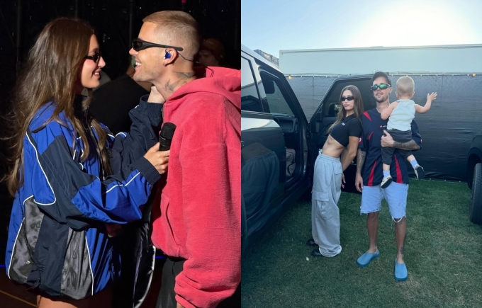 Người mẫu Hailey Bieber tình cảm với chồng ở hậu trường. Cô và con trai đầu lòng - bé Jack Blues - cổ vũ Bieber. Ảnh: Instagram Hailey Bieber