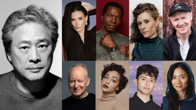 Ban giám khảo Liên hoan phim lần thứ 79, từ trái qua phải và từ trên xuống gồm: Đạo diễn Park Chan Wook, diễn viên Demi Moore, Isaach De Bankolé, đạo diễn Laura Wandel, biên kịch Paul Laverty, tài tử Stellan Skarsgård, diễn viên Ruth Negga, nhà làm phim Diego Céspedes và Chloé Zhao. Ảnh: Festival de Cannes