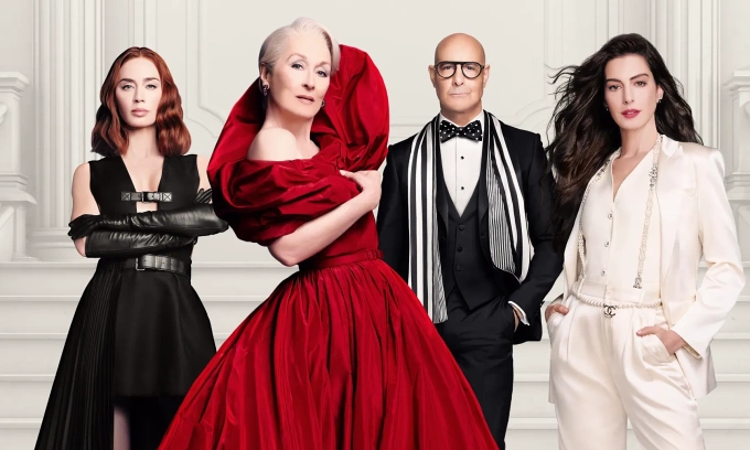 Dàn diễn viên The Devil Wears Prada 2, từ trái qua: Emily Blunt, Meryl Streep, Stanley Tucci và Anne Hathaway. Ảnh: 20th Century Studios