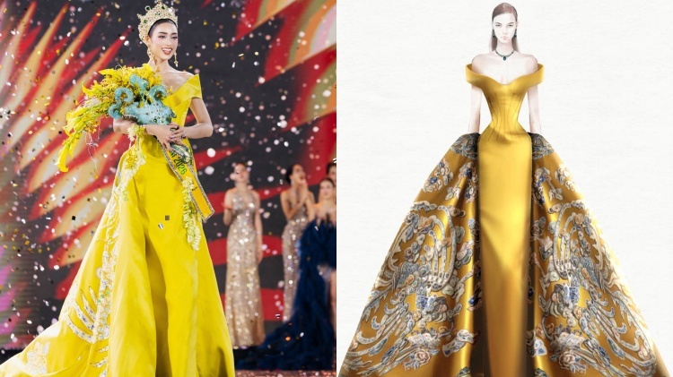 Váy dạ hội họa tiết phượng hoàng giúp Emoura Phạm tỏa sáng