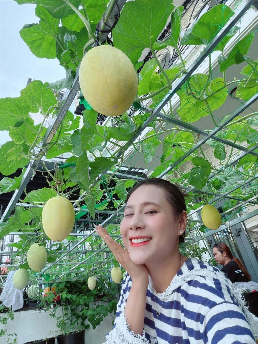 Hồ Bích Trâm bên dàn dưa lưới cô trồng. Ảnh: Nhân vật cung cấp