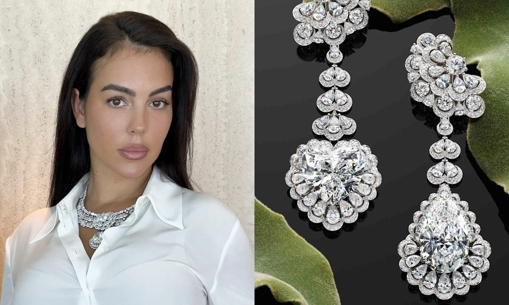 Người mẫu Georgina Rodríguez diện váy cưới trắng tối giản kết hợp cùng bộ trang sức kim cương Chopard sang trọng.